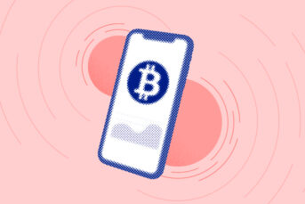 Bitcoin on a smartphone in front of two red circles