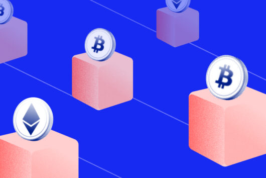 Bitcoin on blocks to illustrate the blockchain